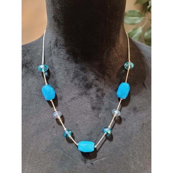 Women's Light Blue Gemstone Necklace With Lobster Clasp And Crystal Beads - Picture 1 of 6